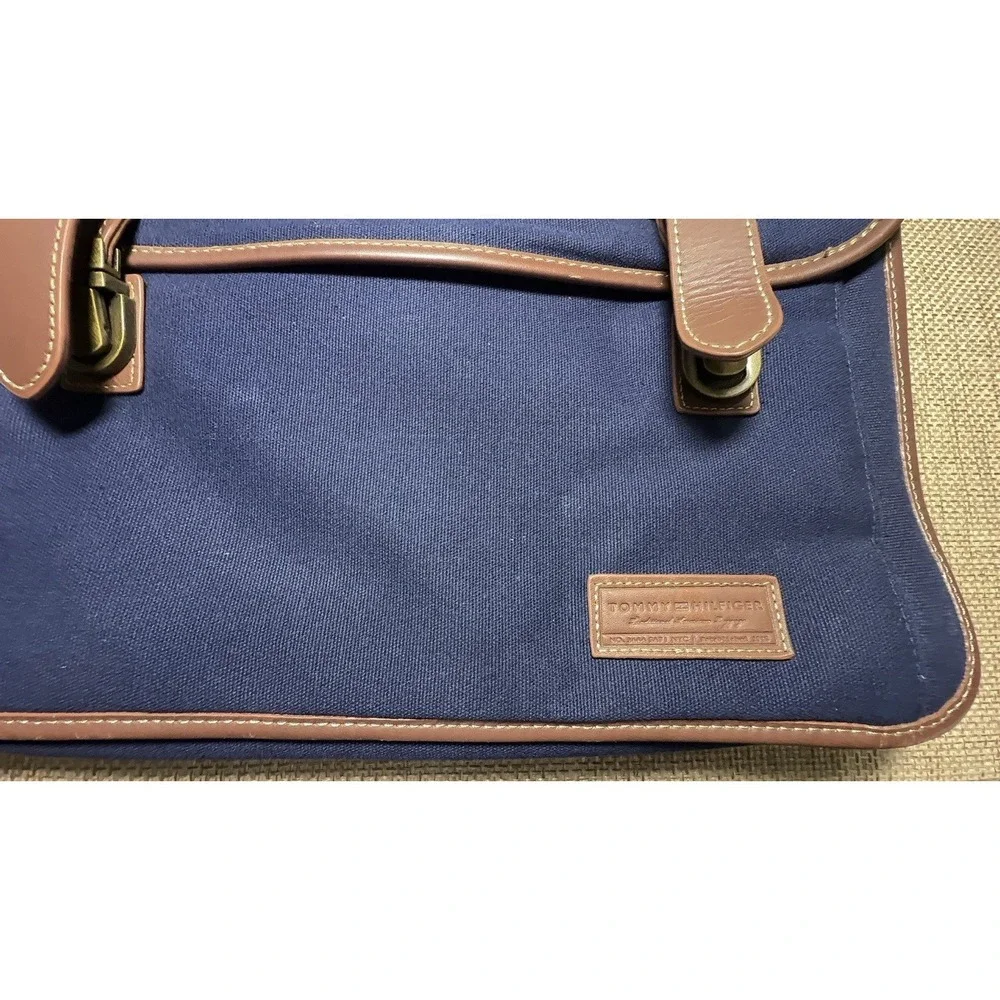 Tommy Hilfiger Navy Canvas‎ Double Flap Over Messenger Bag Leather Business Case